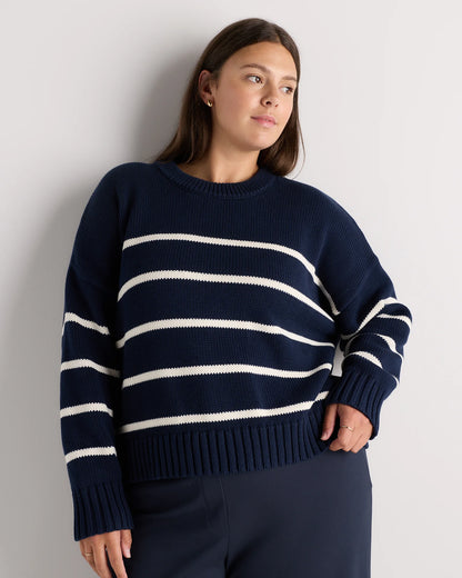 100% Organic Cotton Striped Crew Sweater - 1X / Speckled Beige/Ivory