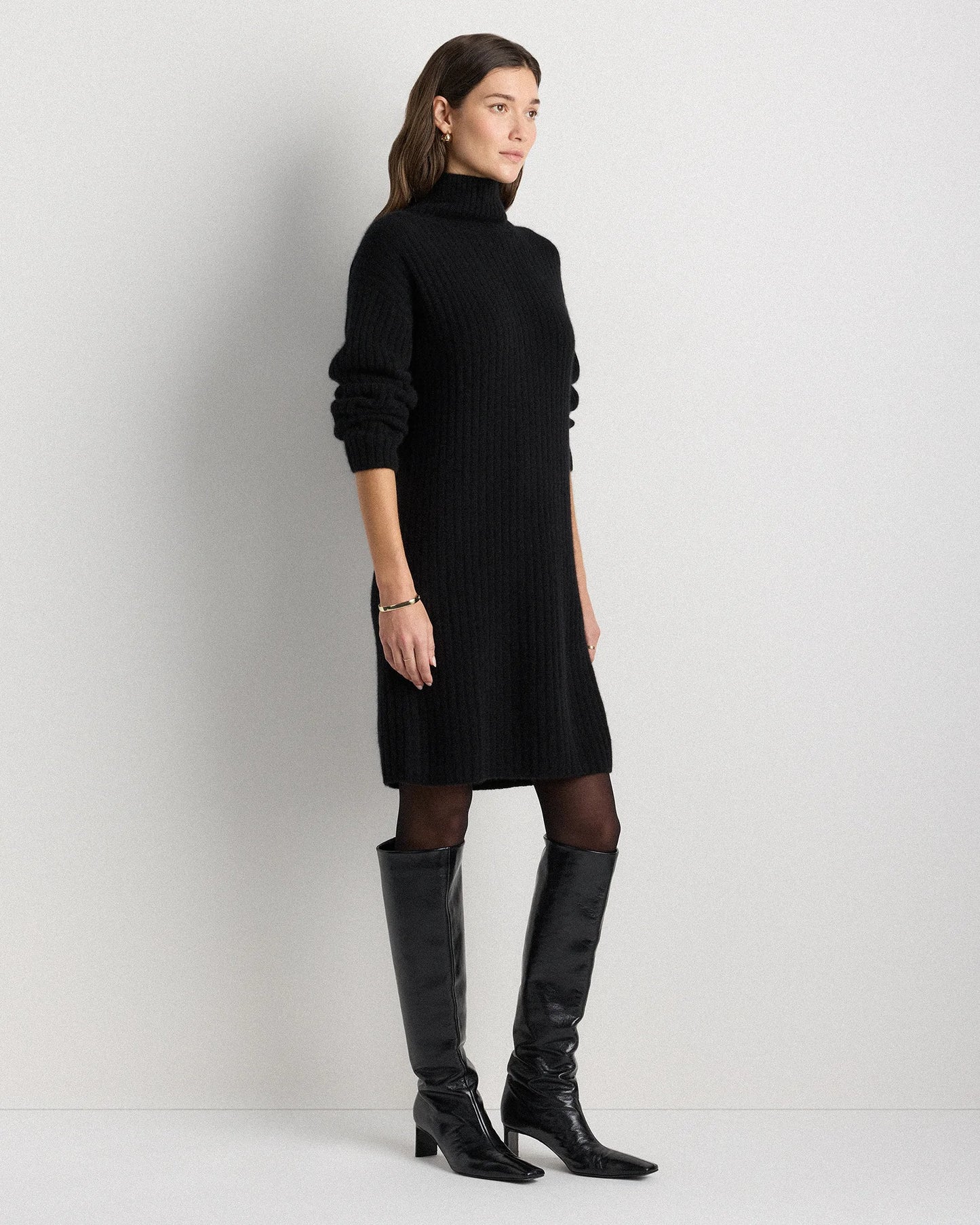 Mongolian Cashmere Ribbed Turtleneck Mini Dress - XS / Black