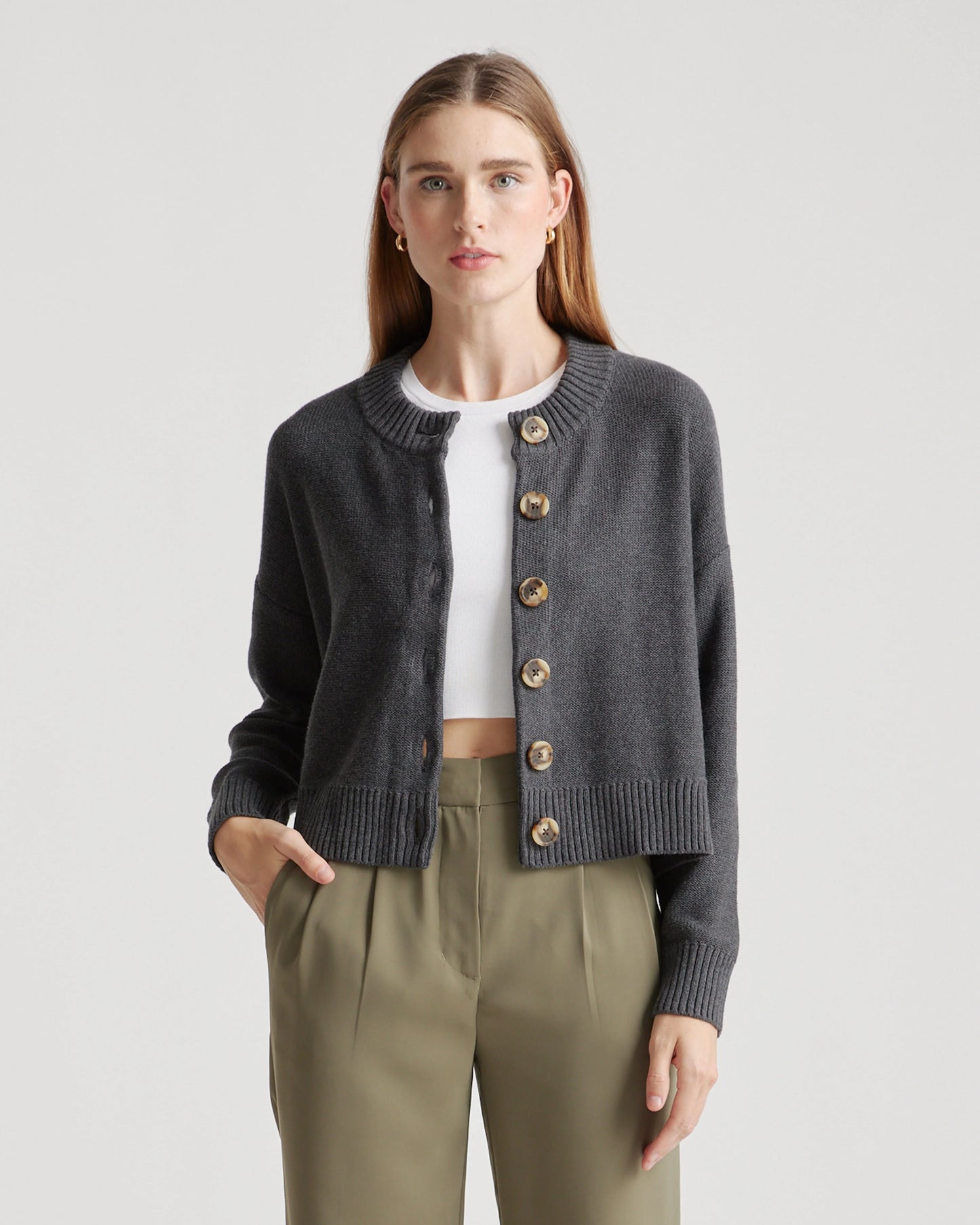 100% Organic Cotton Cropped Cardigan - XS / Heather Brown