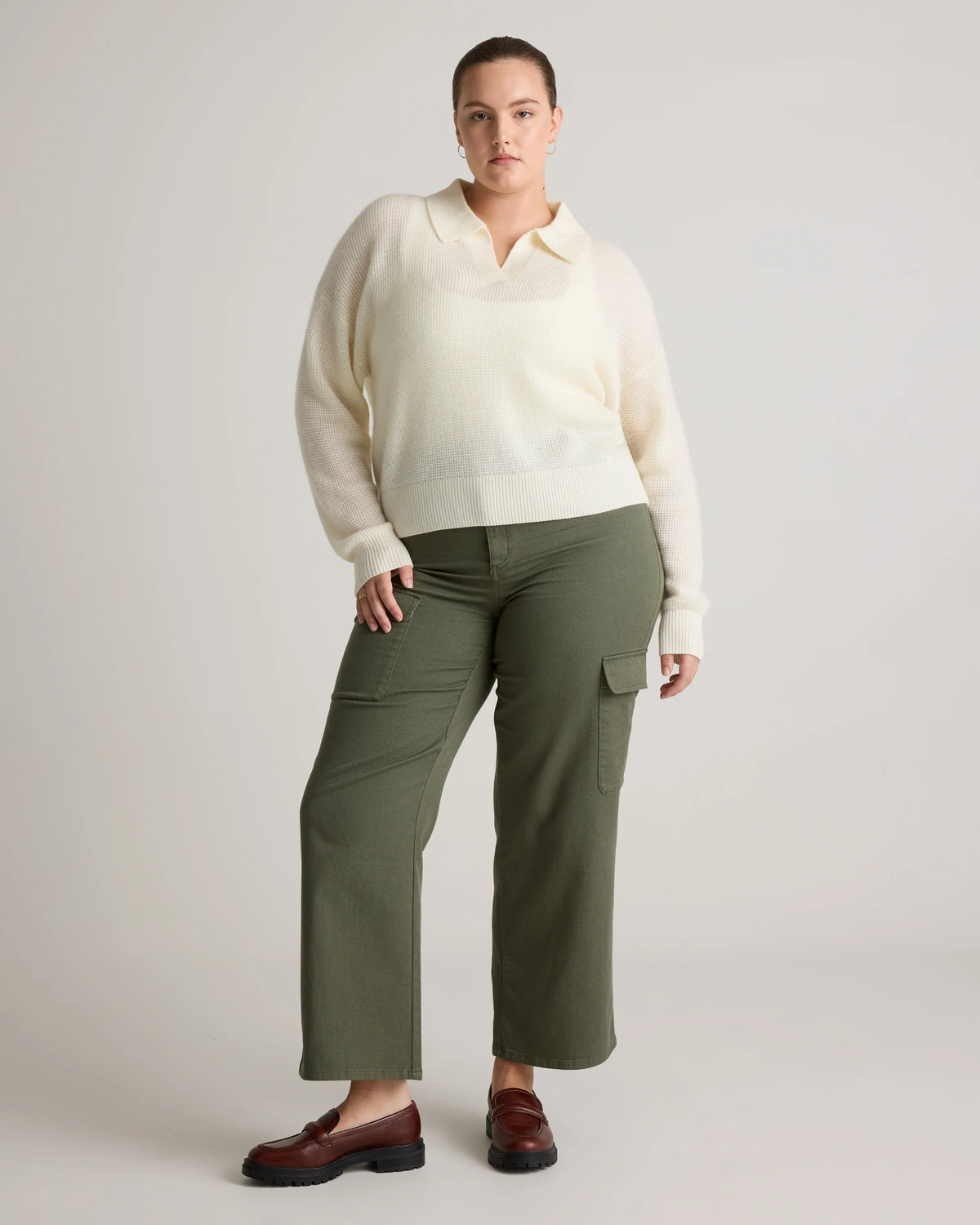 Baby Alpaca-Wool Waffle Stitch Polo Sweater - XS / Ivory