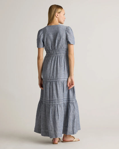 100% European Linen Tiered Maxi Dress - XS / Deep Navy