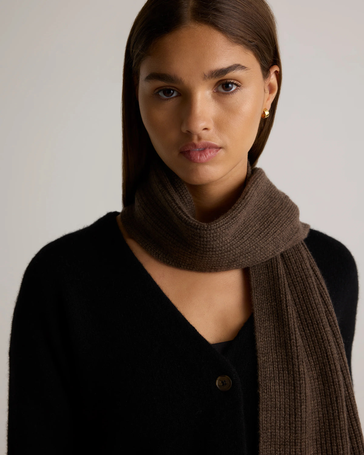 Mongolian Cashmere Ribbed Scarf - One Size / Brown