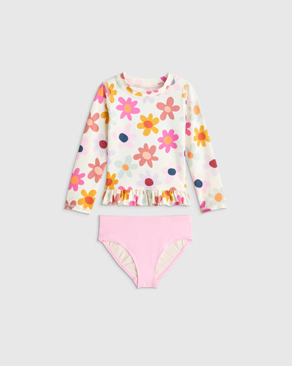 Long Sleeve Ruffle Rash Guard Two-Piece Swimsuit - 2T / Poolside Floral