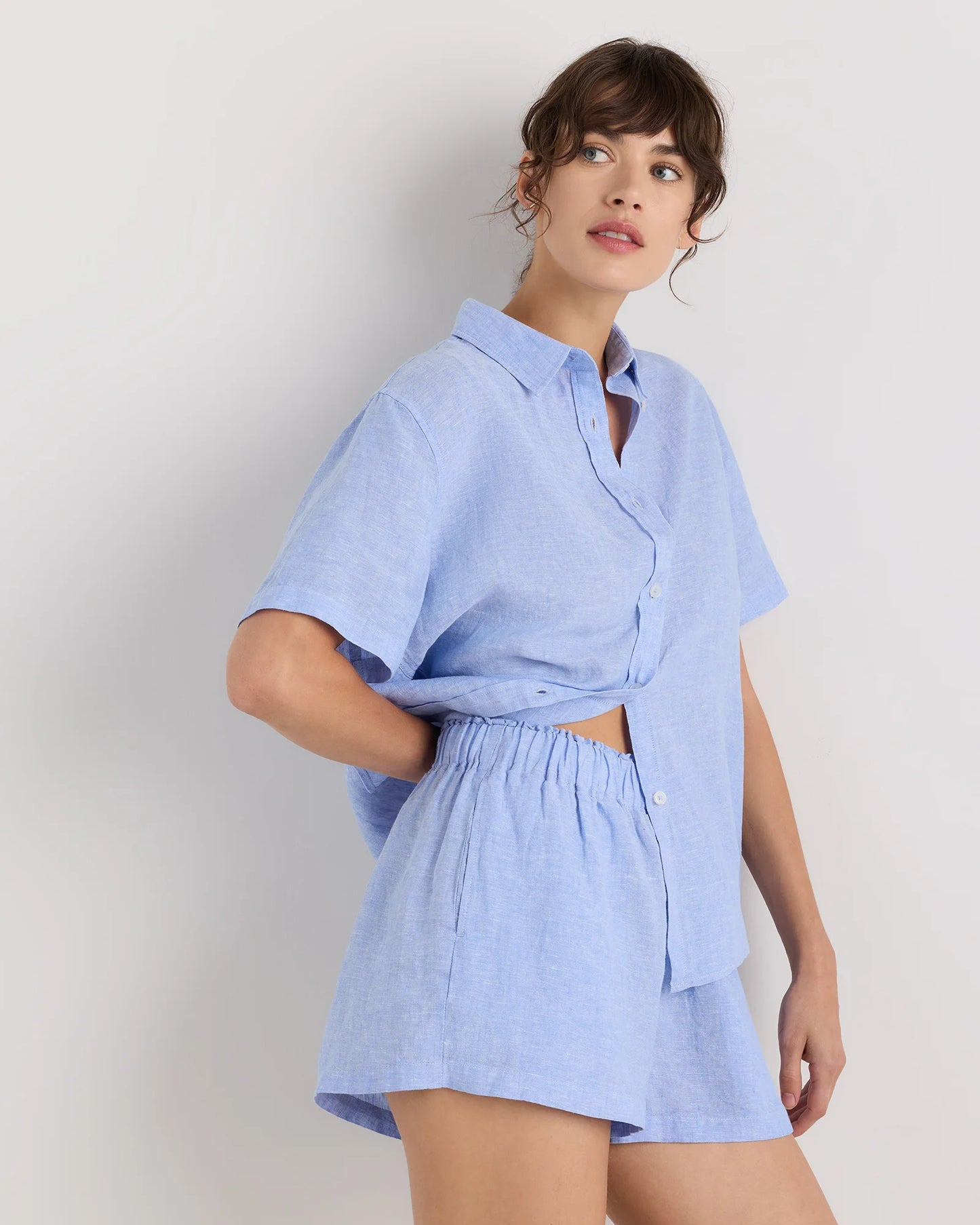 100% European Linen Shorts Pajama Set - XS / French Blue