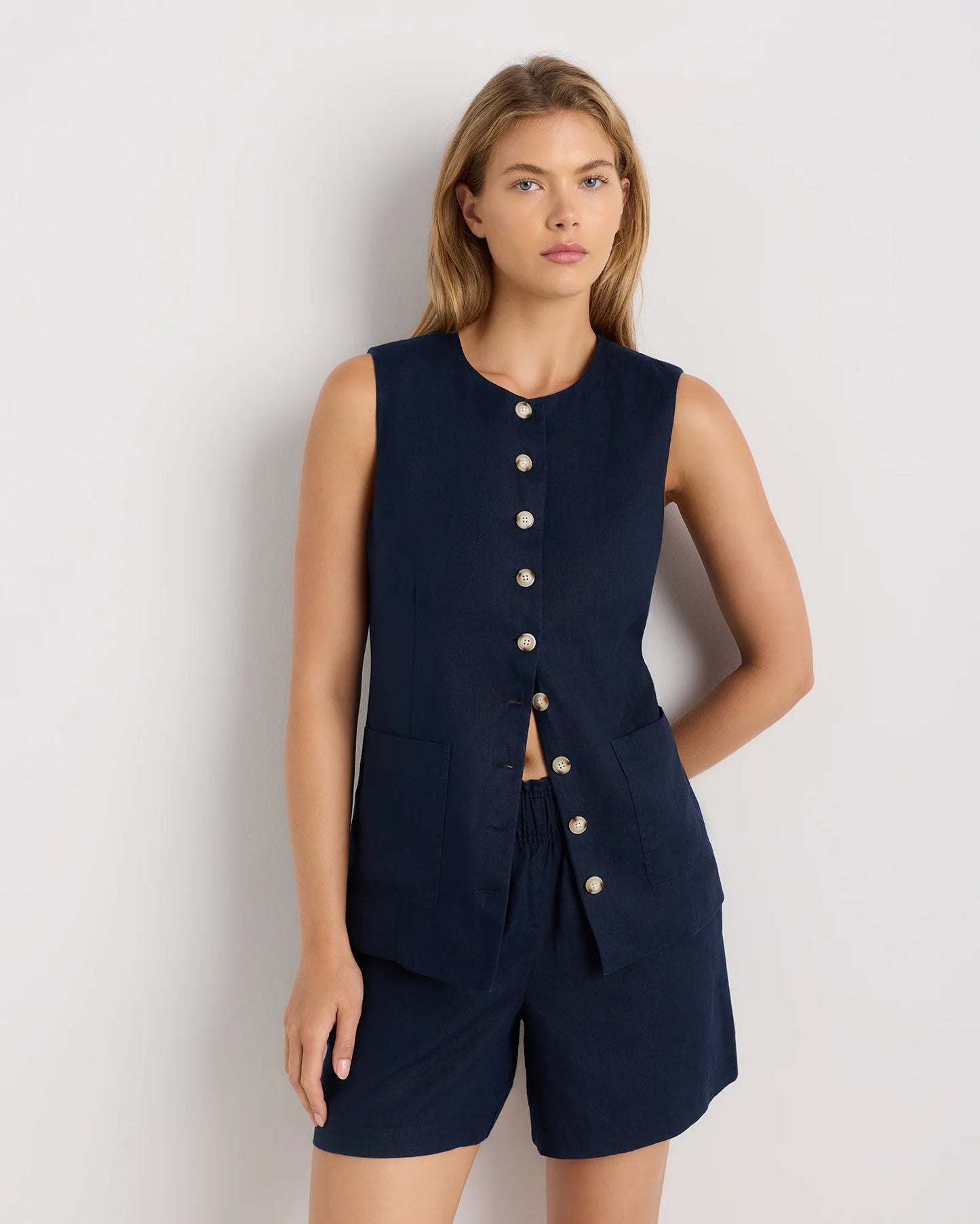 100% European Linen Longline Vest - XS / Taupe Brown Chambray