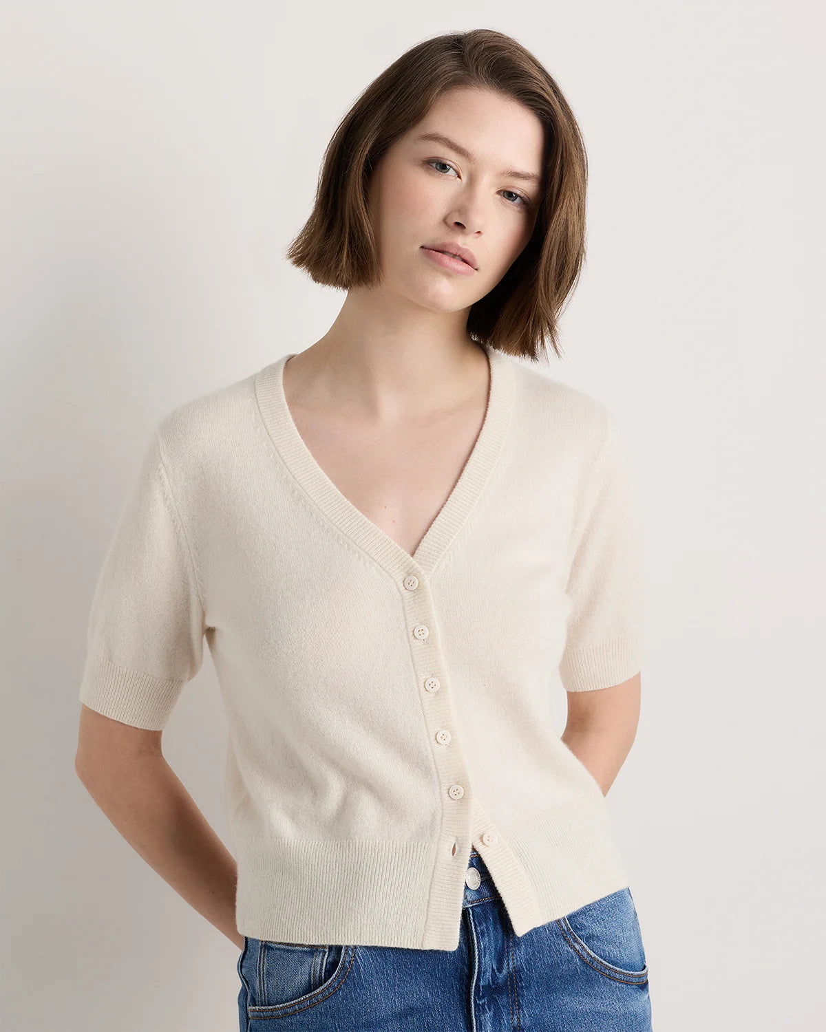 Mongolian Cashmere Short Sleeve Cardigan - XS / Oatmeal