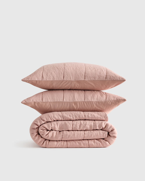 Lightweight European Linen Box Quilt Set - Twin / Dusty Mauve