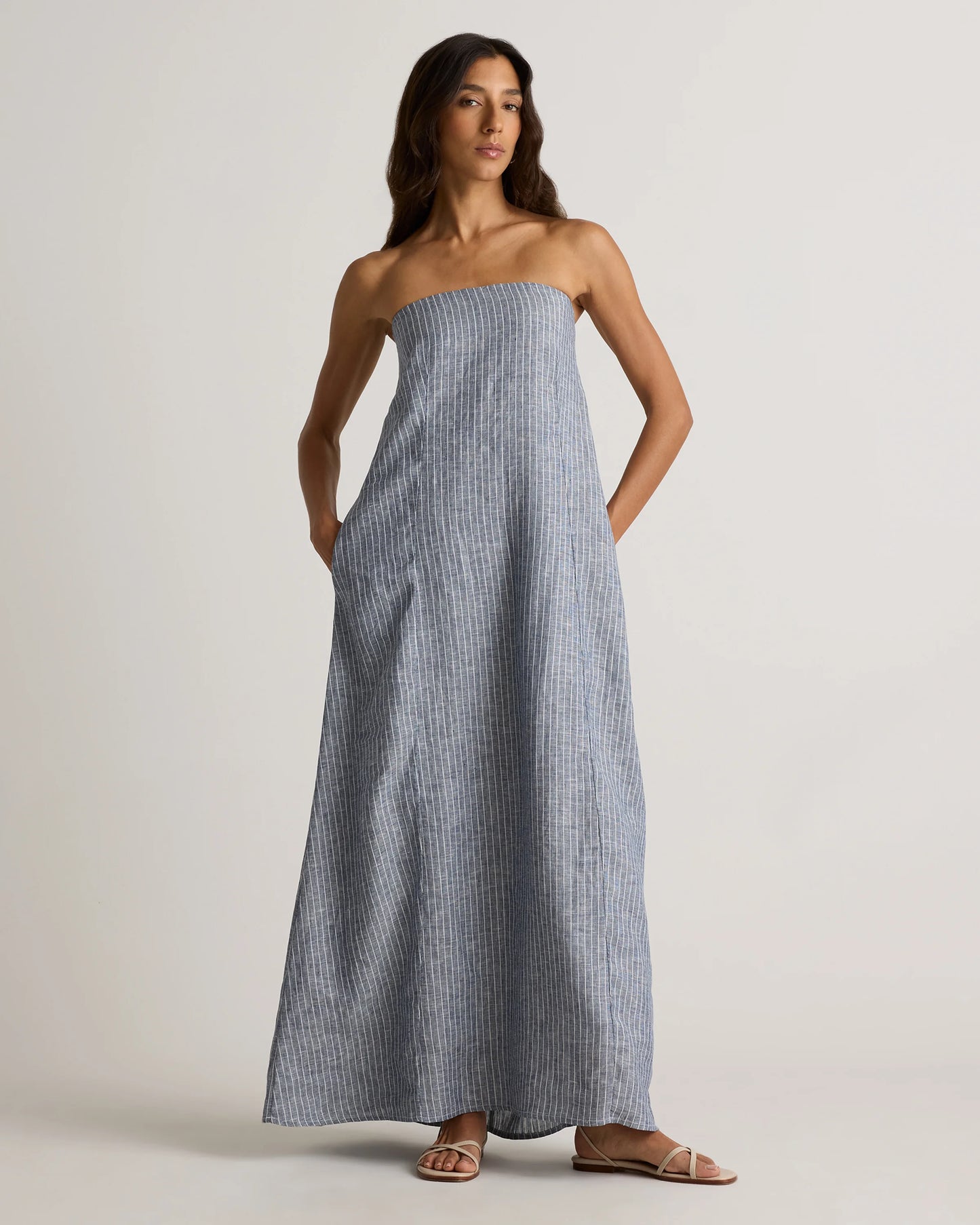 100% European Linen Strapless Maxi Dress - XS / Brick Red Heirloom Floral