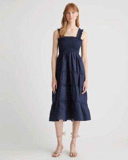 100% European Linen Smocked Midi Dress - XS / Ivory Porcelain Blue Petite Floral
