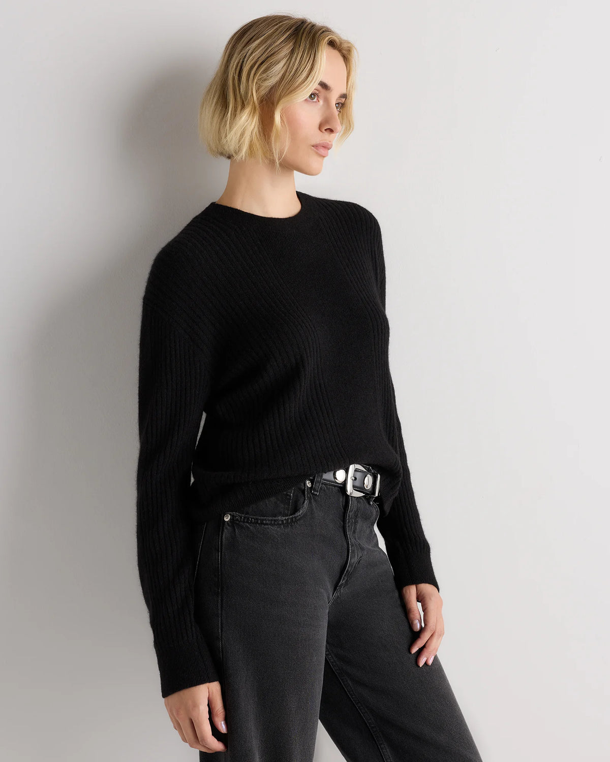 Lightweight Baby Alpaca Ribbed Crewneck - XS / Smoked Charcoal