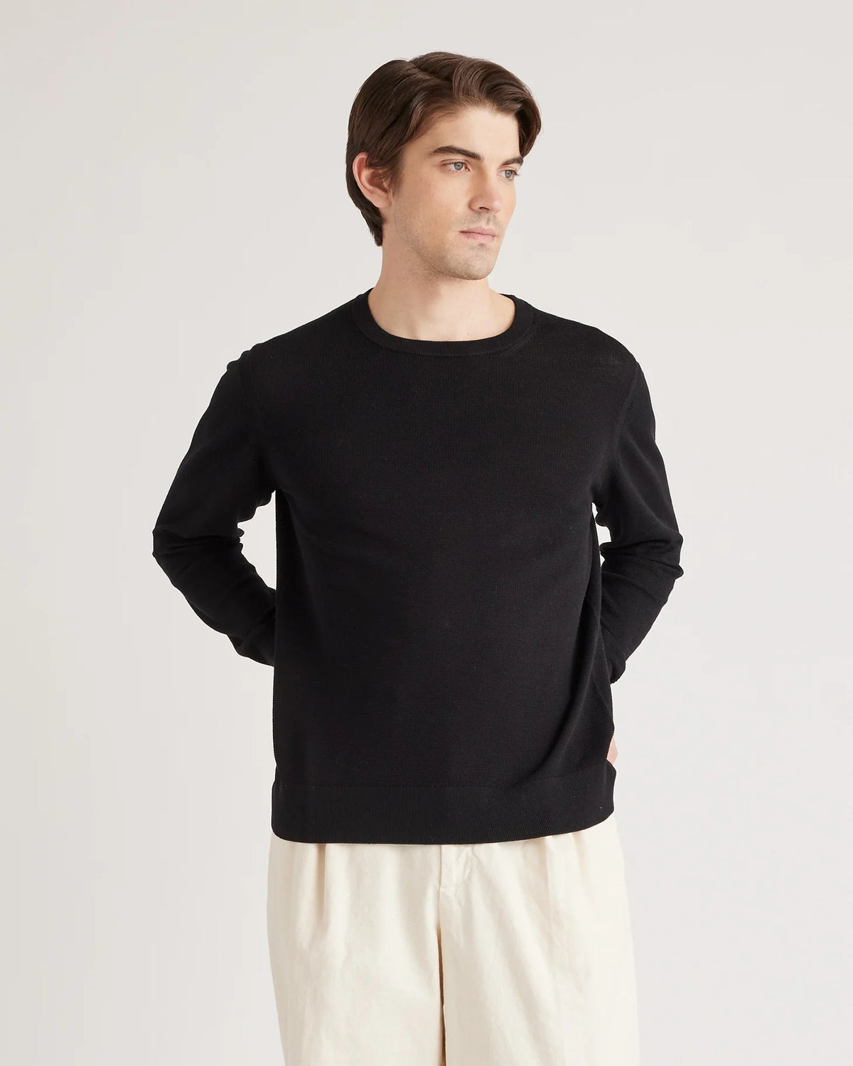 Organic Cotton-Silk Pique Crewneck Sweater - S / Speckled Beige