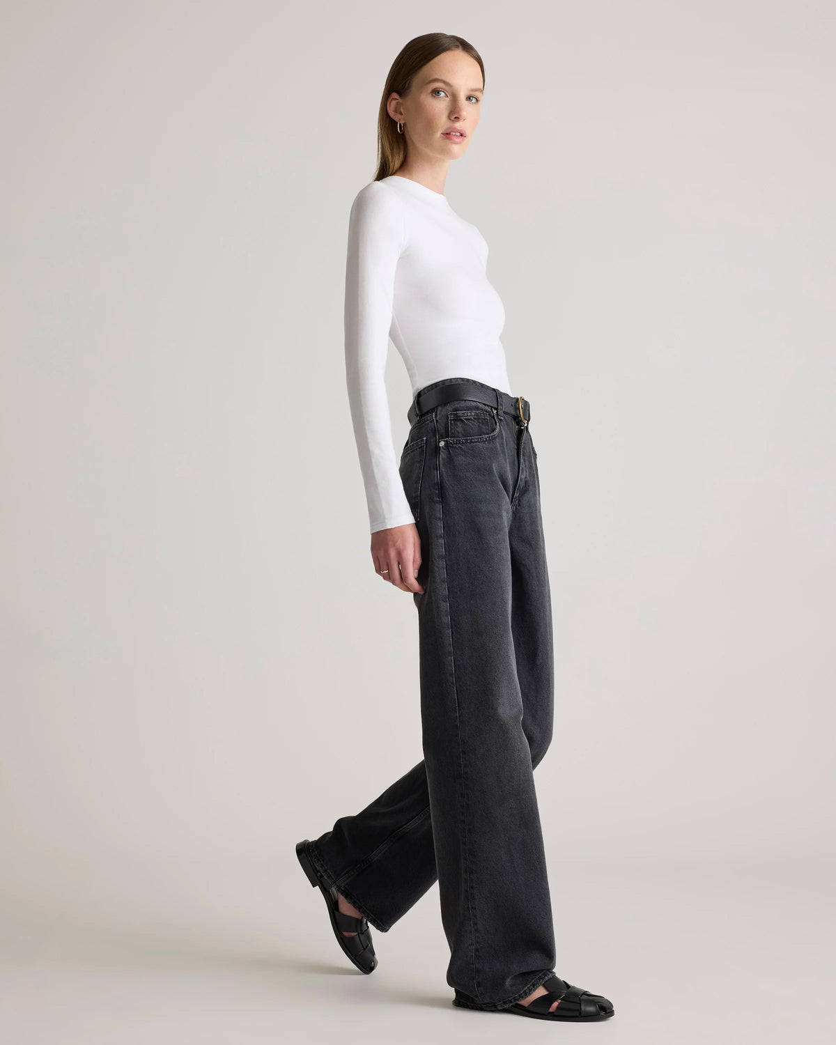Stretch Cotton Jersey Fitted Long Sleeve T-Shirt - XS / Linen White