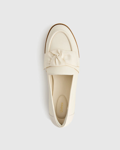 Italian Leather Bow Penny Loafer - 5 / Bone