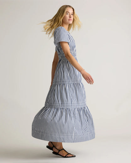 100% Organic Cotton Poplin Tiered Maxi Dress - XS / Riviera Blue Heirloom Floral