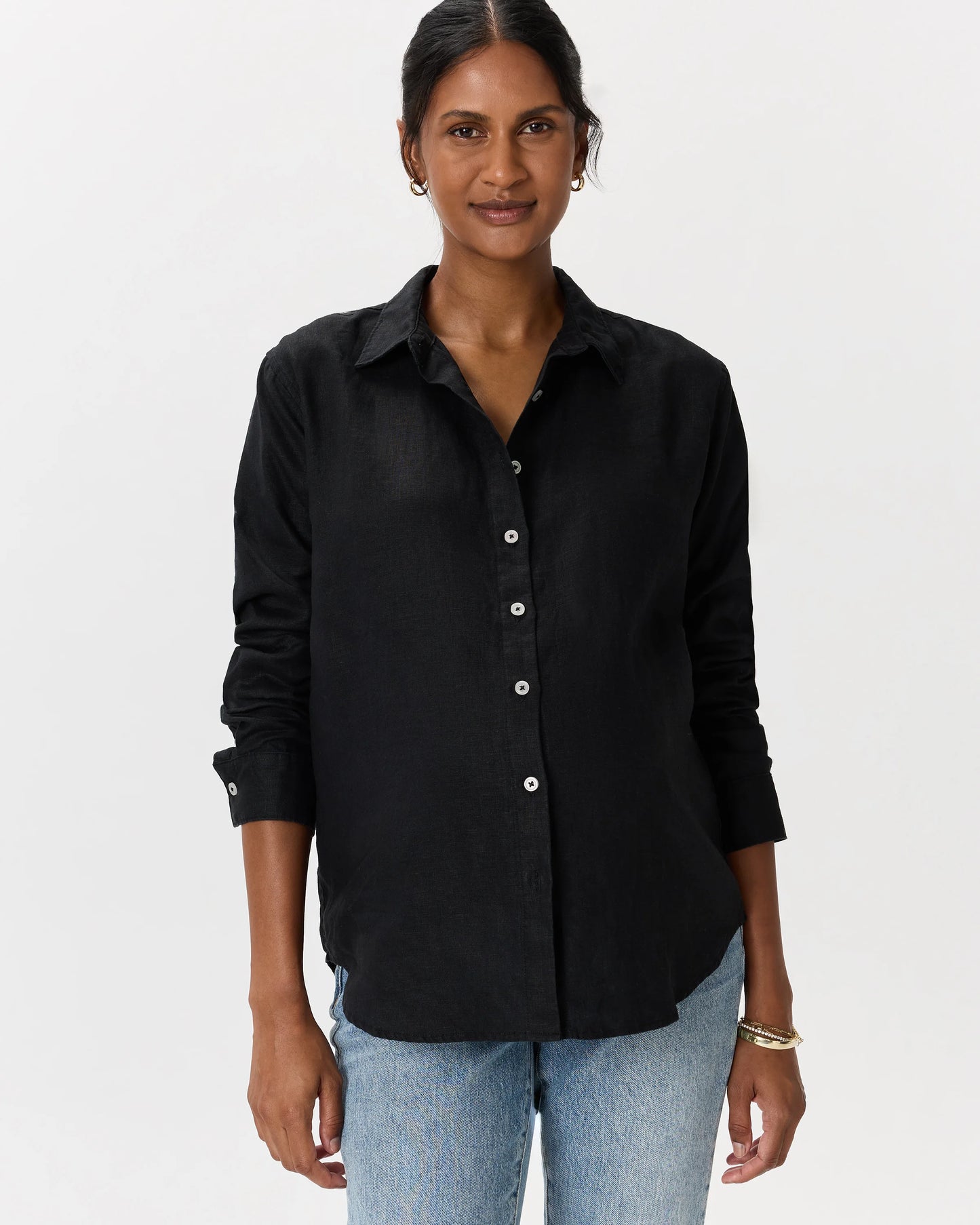 100% European Linen Maternity Long Sleeve Shirt - XS / Blue Pinstripe