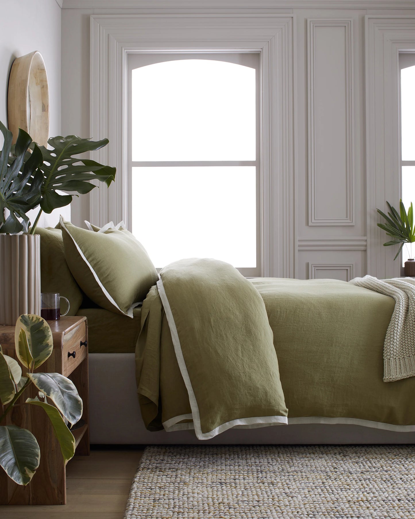 European Linen Contrast Flange Sham Set - Standard / Aloe/Sand