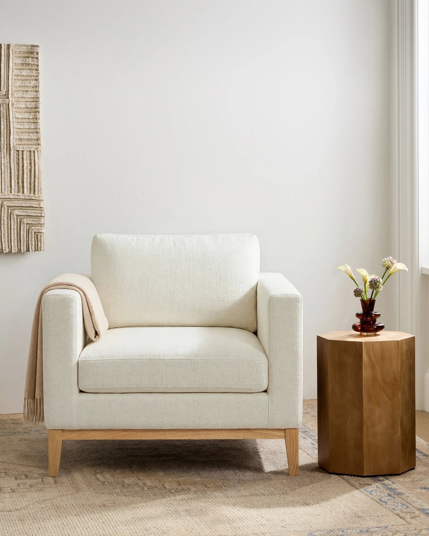 Performance Chenille Linen Blend Accent Chair with Solid Oak Base - One Size / Snow