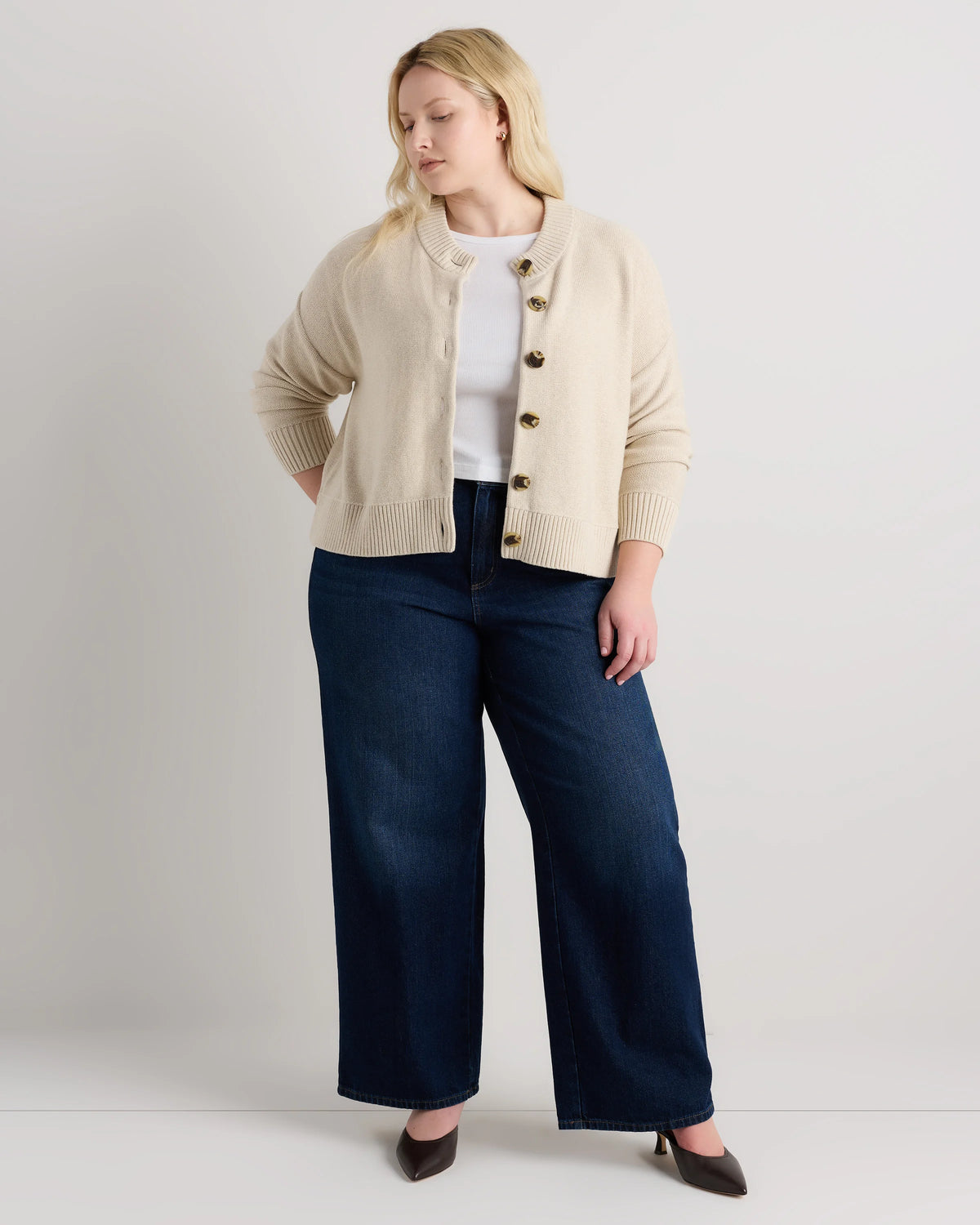 100% Organic Cotton Cropped Cardigan - 1X / Speckled Beige