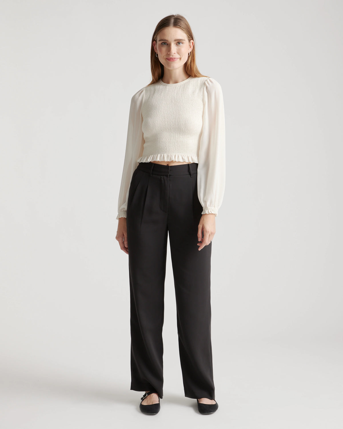 Chiffon Cropped Smocked Blouse - XS / Ivory