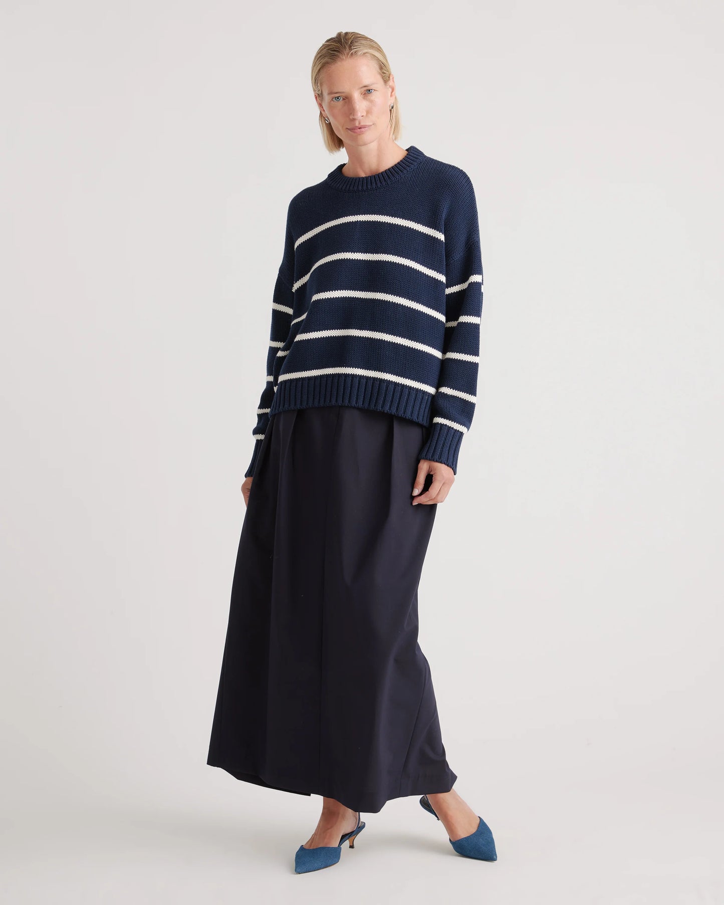 100% Organic Cotton Striped Crew Sweater - XS / Heather Brown/Ivory