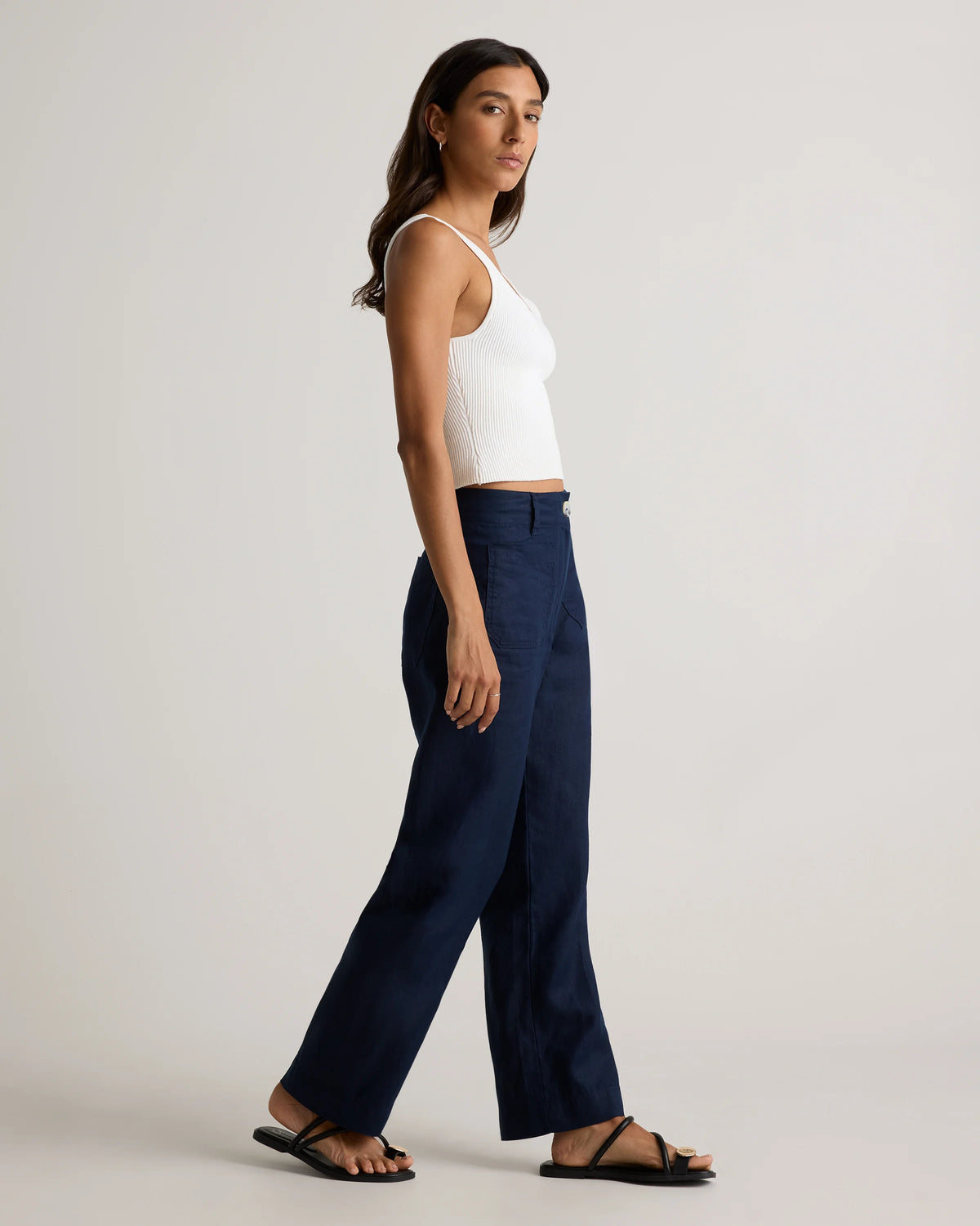 100% European Linen Patch Pocket Wide Leg Pants - 0 / Taupe Brown Chambray