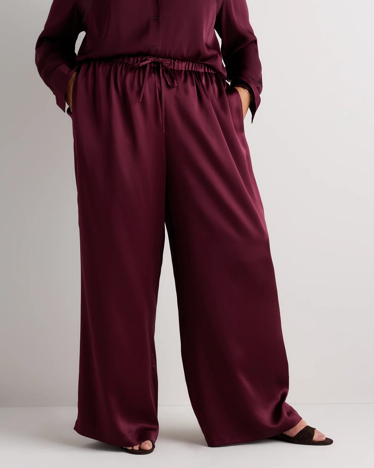 100% Washable Silk Drawstring Wide Leg Pants - 1X / Black