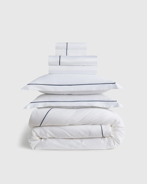 Signature Giza Cotton Sateen Embroidered Deluxe Bedding Bundle - Twin / White/Mineral