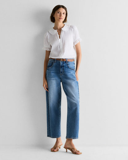 Embroidered Cotton Ruffle Collar Short Sleeve Blouse - XS / Classic White