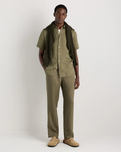 100% European Linen Relaxed Short Sleeve Shirt - XS / Taupe Brown Chambray
