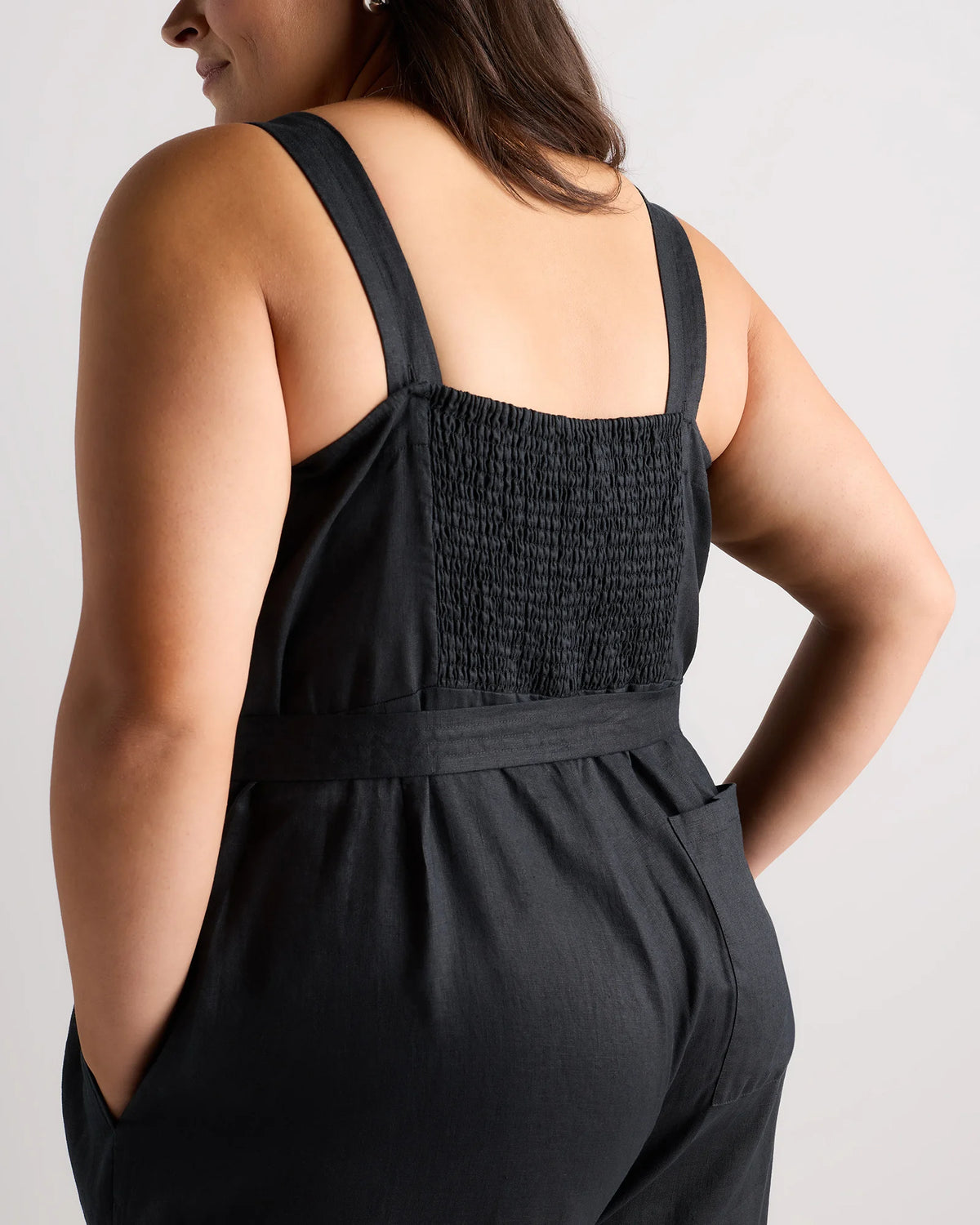 100% European Linen Square Neck Jumpsuit - 1X / Deep Navy