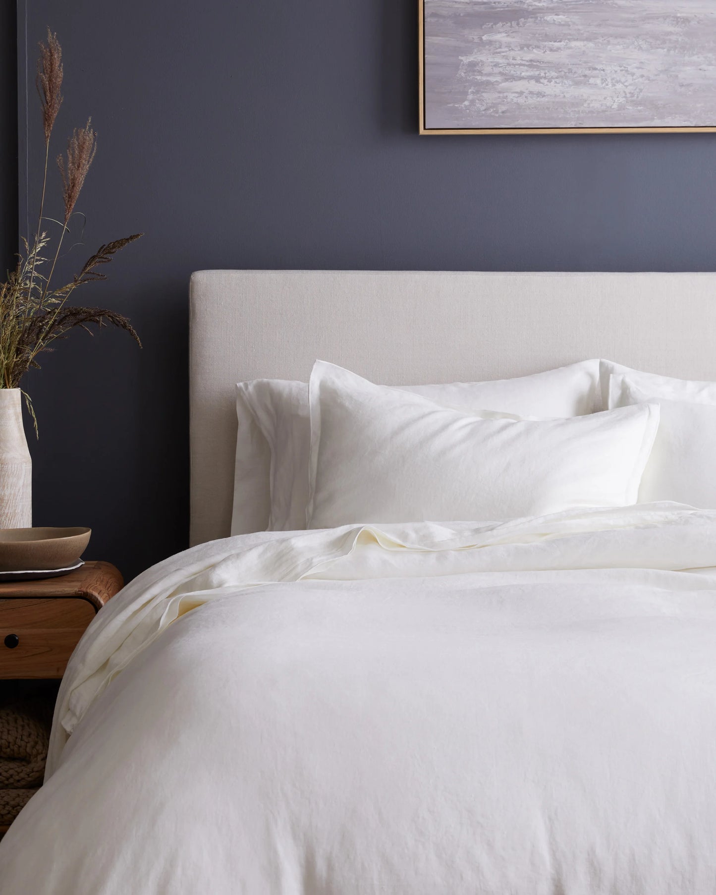 European Linen Double Embroidered Edge Duvet Cover Set - Twin / Sand with Terracotta Embroidery