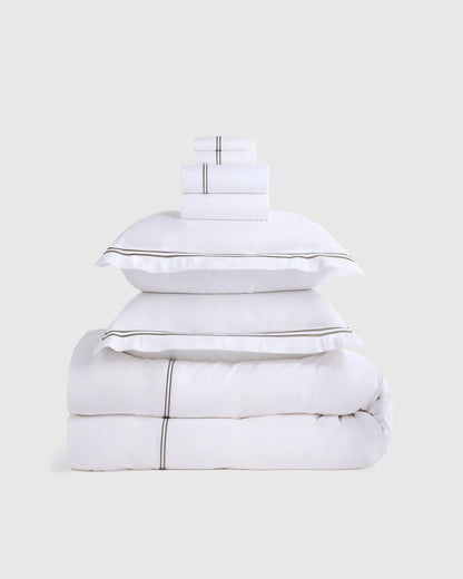 Organic Crisp Percale Embellished Deluxe Bedding Bundle - Twin / White/Navy