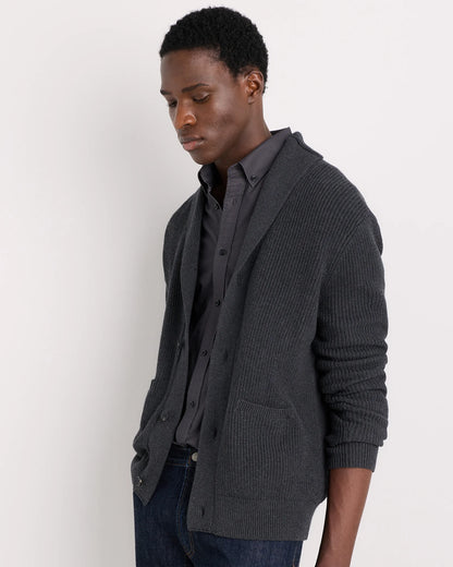 100% Organic Cotton Ribbed Shawl-Collar Cardigan Sweater - S / Bayberry Olive