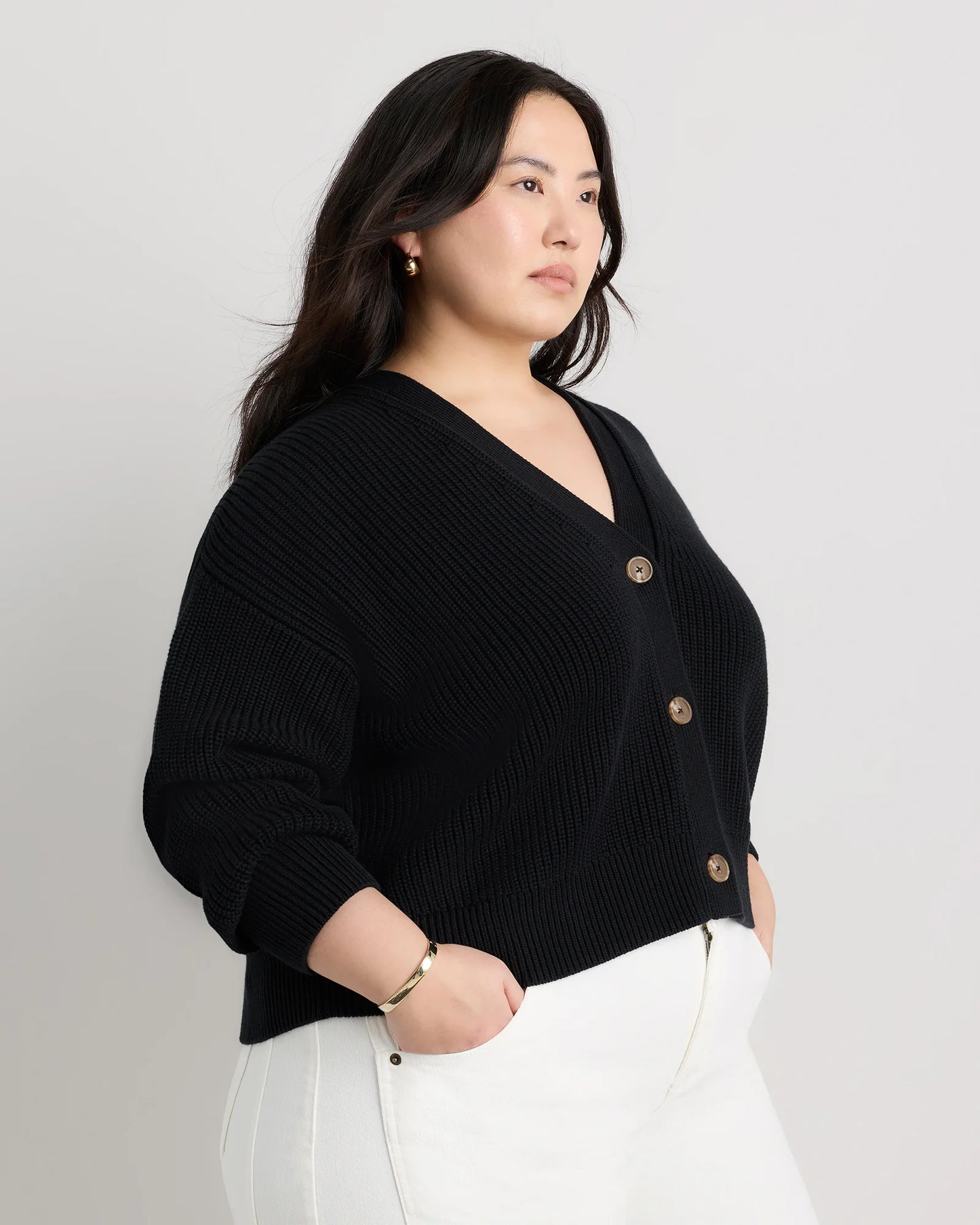 100% Organic Cotton Fisherman Boxy Cropped Cardigan - 1X / Black