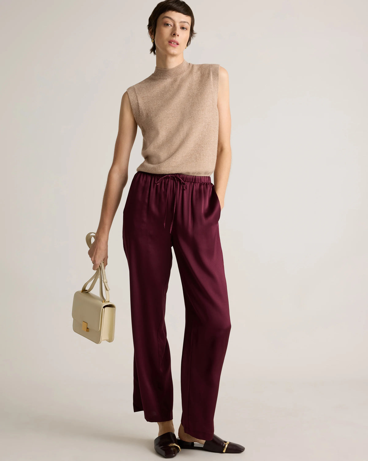 100% Washable Silk Drawstring Wide Leg Pants - XS / Black