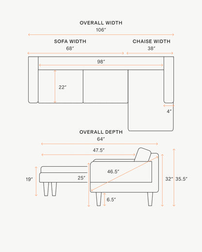 Atlas Midcentury Chaise Sectional in Performance Velvet - 106" Right Arm / Pine