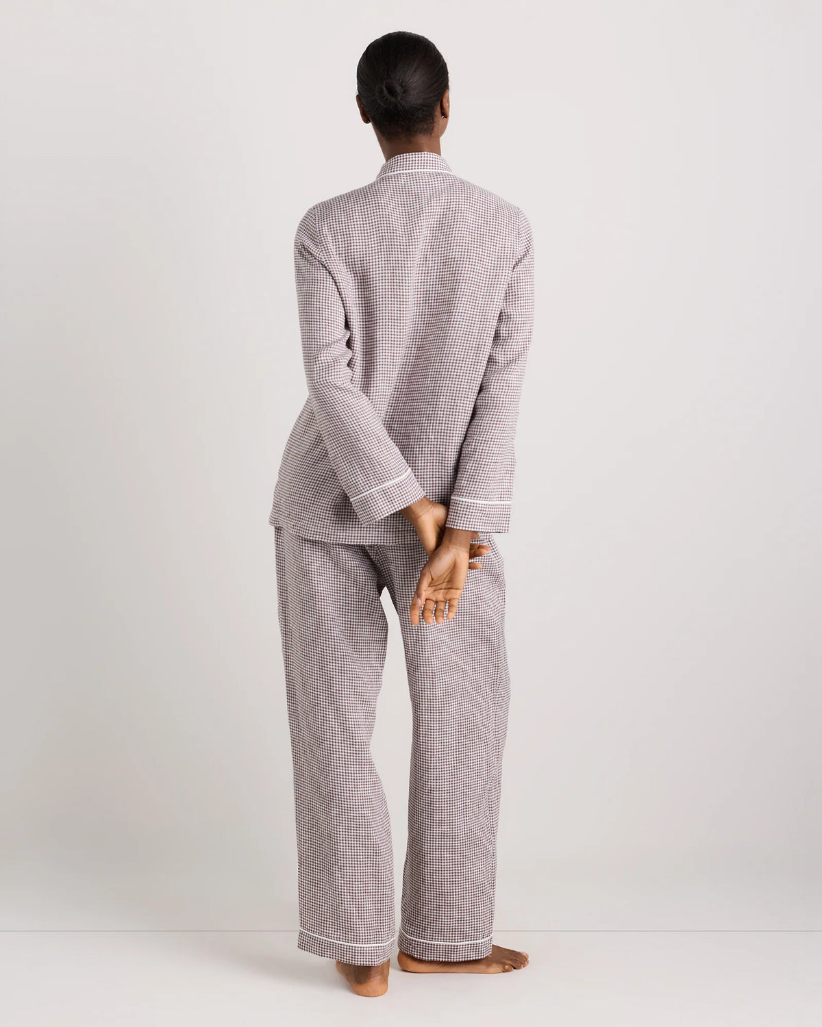 100% European Linen Long Sleeve Pajama Set with Piping - XS / Taupe Brown Gingham