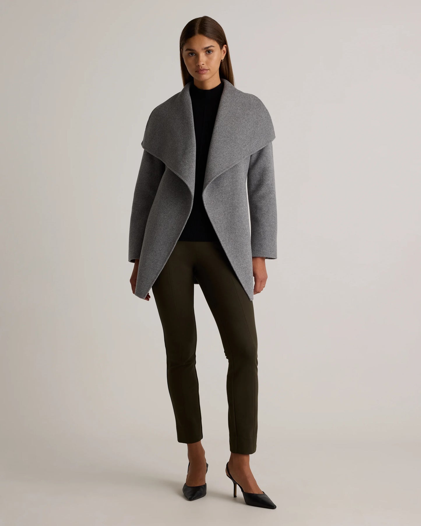 Double-Faced Merino Wool Draped Collar Short Wrap Coat - XS / Cocoa Melange