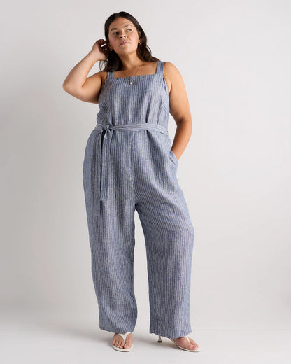 100% European Linen Square Neck Jumpsuit - 1X / Deep Navy
