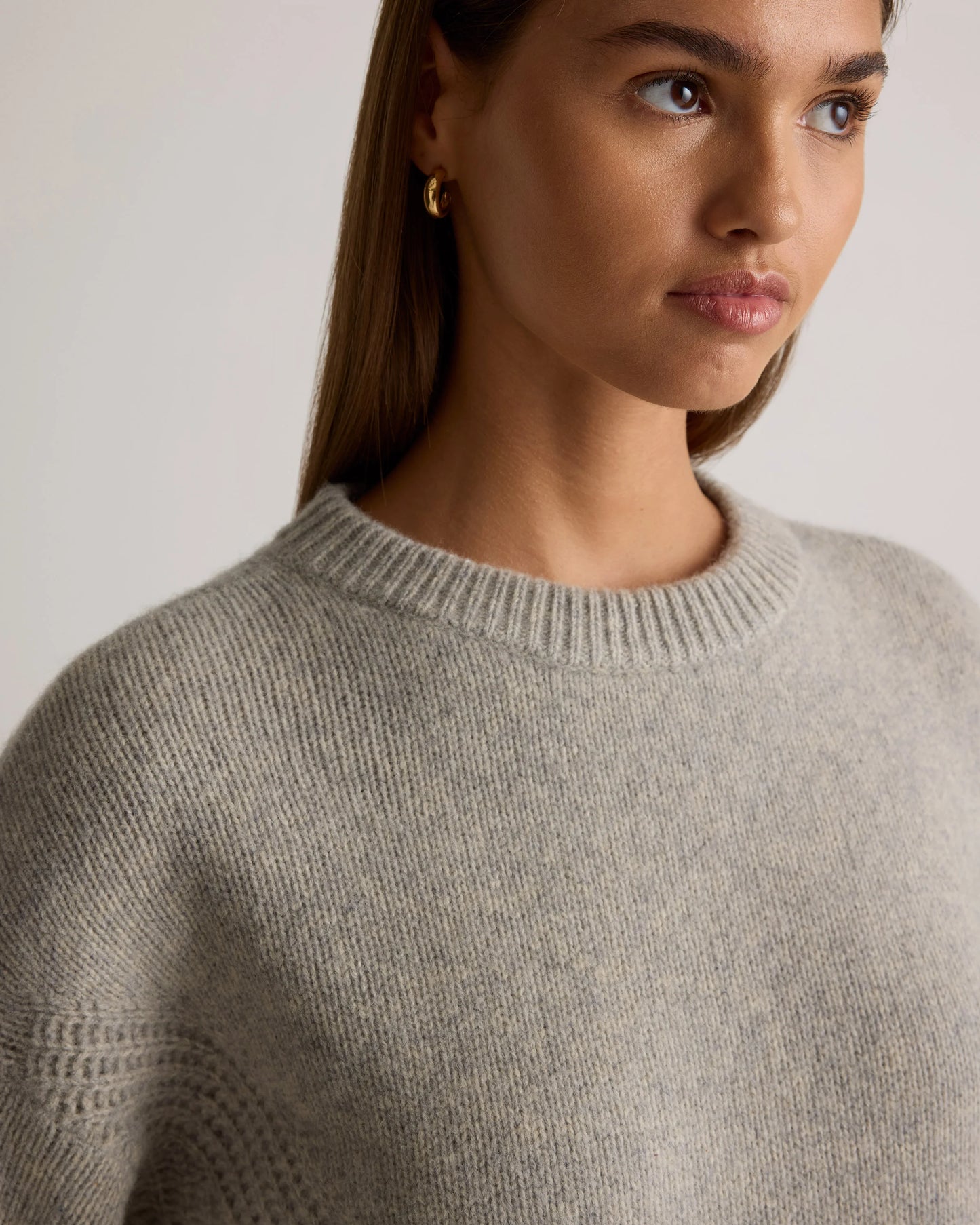 100% Yak Wool Pointelle Detail Relaxed Crew - XS / Heather Brown