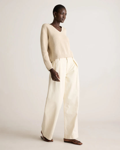 100% Organic Cotton Fisherman V-Neck Sweater - XS / Heather Brown
