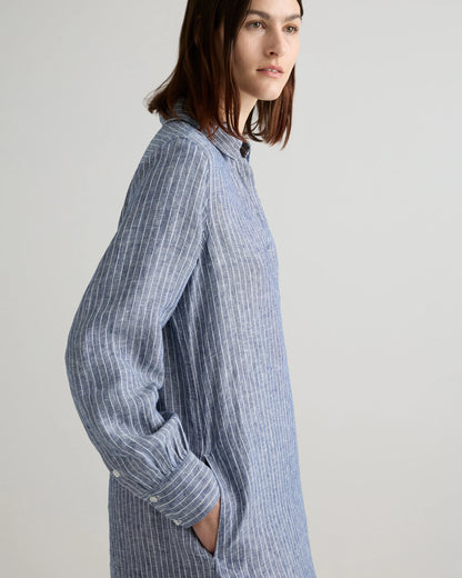 100% European Linen Popover Maxi Dress - XS / Blue Pinstripe