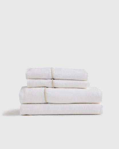 European Linen Piped Sheet Set - Twin / White/Cherry