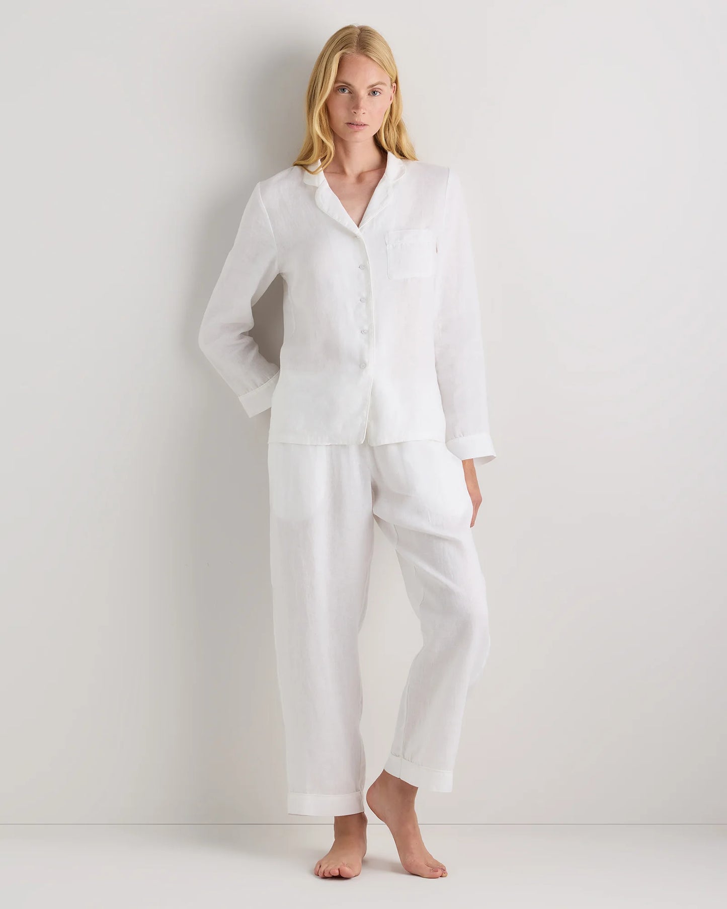 100% European Linen Long Sleeve Pajama Set with Piping - XS / Taupe Brown Gingham