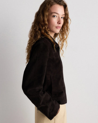 100% Suede Cropped Zip-Front Jacket - XS / Light Sand Beige