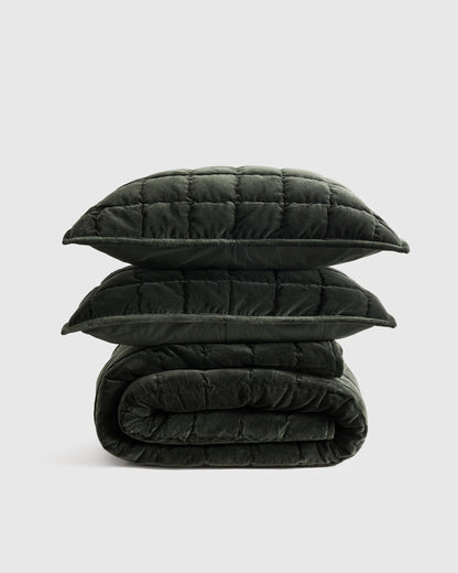 Cotton Velvet Box Quilt Set - Full/Queen / Forest Green