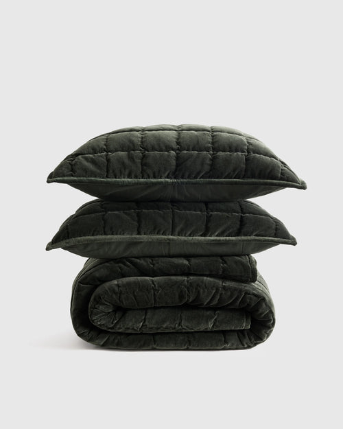 Cotton Velvet Box Quilt Set - Full/Queen / Forest Green