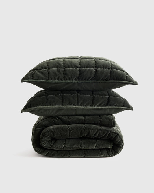 Cotton Velvet Box Quilt Set - Full/Queen / Forest Green