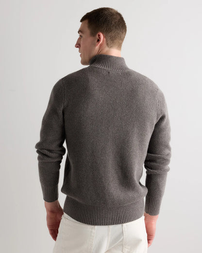 Mongolian Cashmere Waffle Quarter Button Sweater - S / Elk Brown