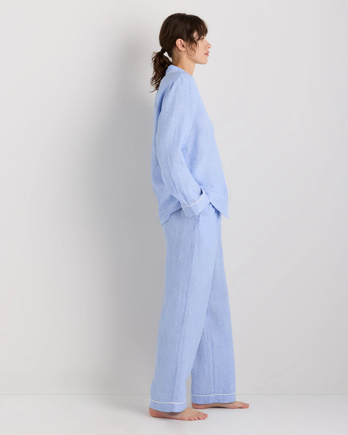 100% European Linen Long Sleeve Pajama Set with Piping - XS / Taupe Brown Gingham